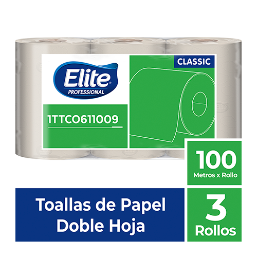Toalla ELITE Rollo Doble Hoja NATURAL 3 rollos x 100 mts